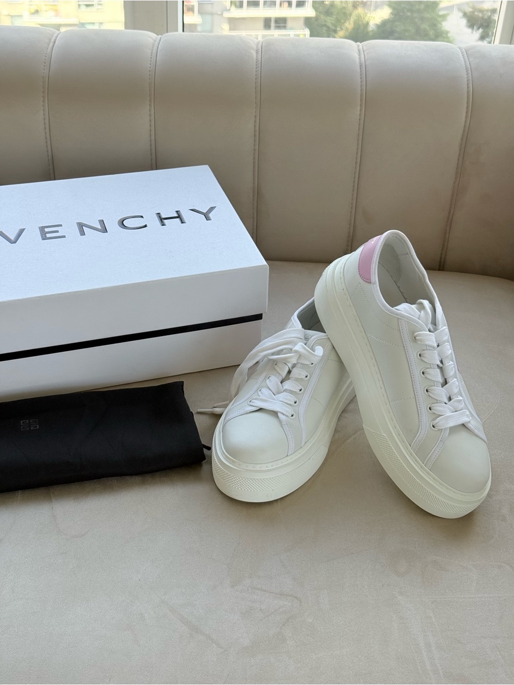 Givenchy White Leather Platform Sneakers with Pink Heel Patch